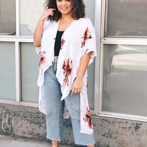 Floral Print Cream Boho Side Slit Short Sleeve One Size Poncho Kimono Wrap Women